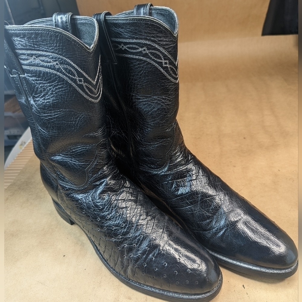 Justin Boots men's size 12B Exotic Genuine Black Smooth Ostrich classic Western